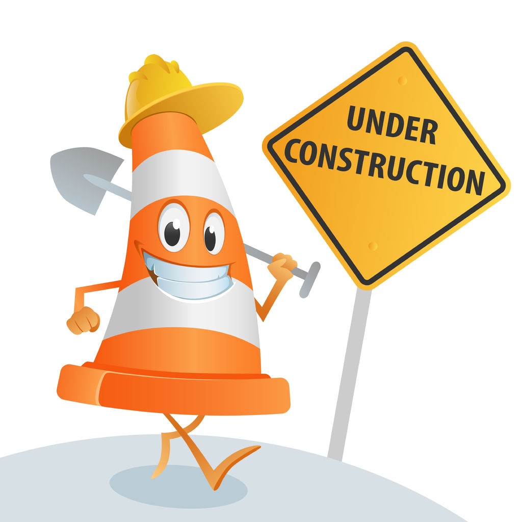 Cartoon cone with big smile and a sign with "Under Construction".